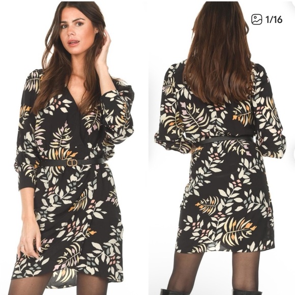 ba&sh Dresses & Skirts - ba&sh Black Leaf Print Long Sleeve Dress